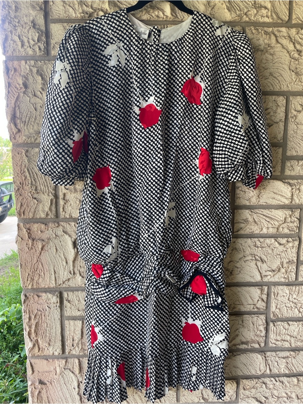 Vintage Neiman Marcus Black White Dot Dress Red Floral Accents 80’ 90’s Size 14